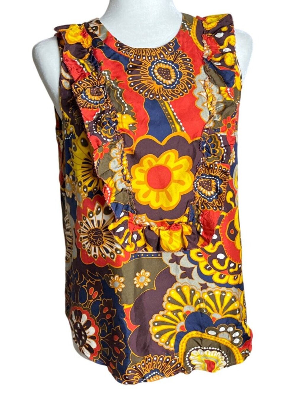 J Crew Silk Top Bold Retro Mod Floral Ruffle Button Up Boho Hippie Festival Wm M
